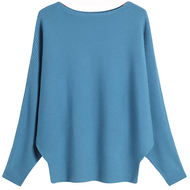 Ckikiou Womens Lightweight Oversized Boat Neck Sweaters Tops Dolman Batwing Sleeve Ribbed Knitted Pullovers Blue - Image 1